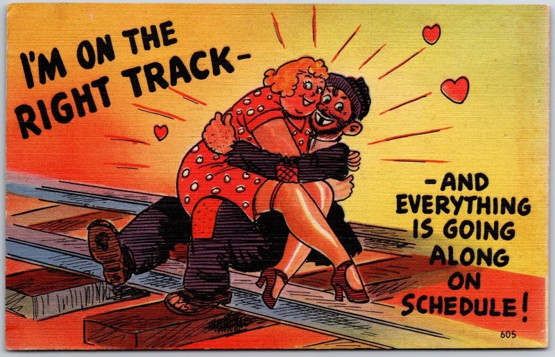 1945 Lovers Hugging Each Other I'm on the Right Track Comic Posted Postcard