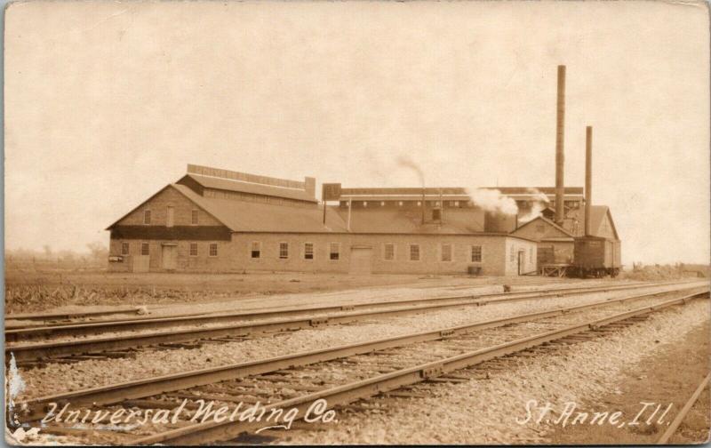 St Anne Illinois~Railroad Tracks by Universal Welding Company~Boxcars~1914 RPPC 