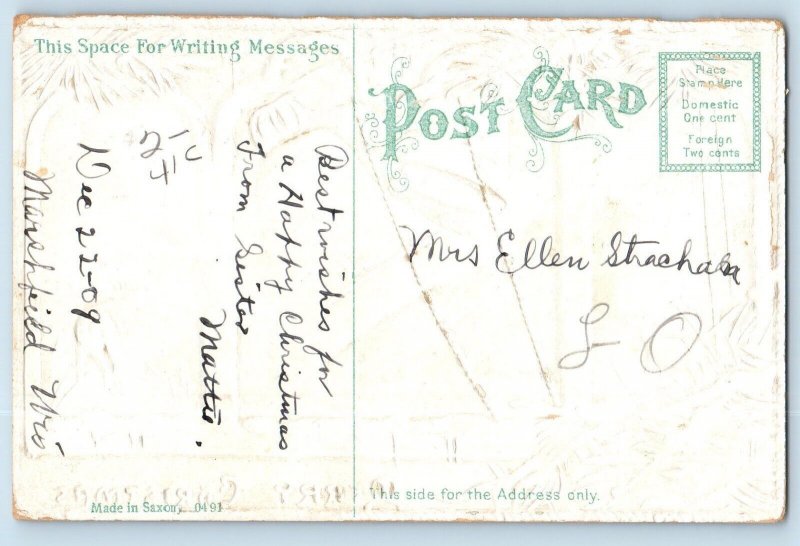 Christmas Postcard Ringing Bells Deer Winter Scene Embossed c1910's Antique