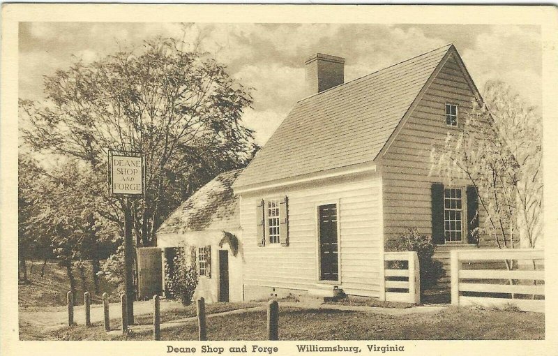 Vintage postcard, Deane Shop and Forge, Williamsburg, Virginia 