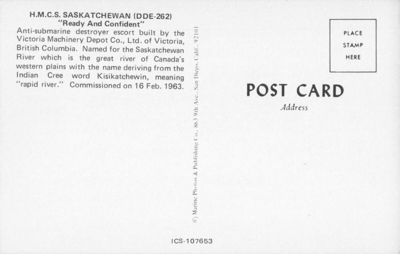 Postcard HMCS Saskatchewan DDE-262 Anti-Submarine Destroyer 