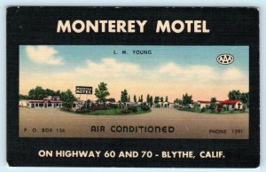 BLYTHE, California CA ~ Roadside MONTEREY MOTEL c 1940s Linen  Postcard