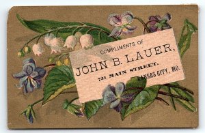 c1880 KANSAS CITY MO JOHN B LAUER FLORAL VIOLETS VICTORIAN TRADE CARD P1236