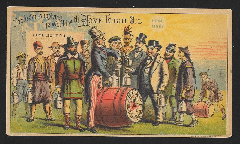 VICTORIAN TRADE CARD Home Light Oil 'Uncle Sam Supplying the World'