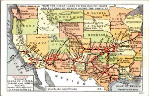 Santa Fe Railroad Map, Showing Fred Harvey Hotels & Dining c1924 Postcard P76 