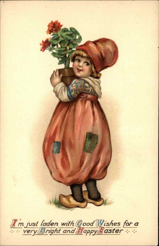 Easter Little Dutch Boy With Potted Flower Tuck #1017 c1910 Postcard