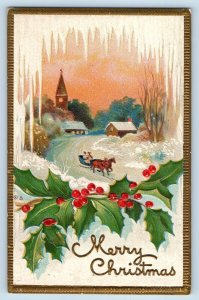Christmas Postcard Holly Berries Horse Cart Sleigh Winter Scene Embossed Nash