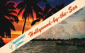 Vintage Postcard Greetings From Hollywood-By-The-Sea Florida FL Beautiful Sunset