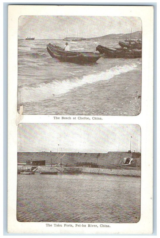 The Beach At Chefoo China & The Taku Forts Pei Ho River, Dual View Postcard