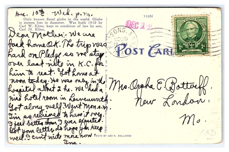 Floral Globe Veterans Facilities Wadsworth Kansas c1941 Postcard