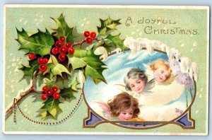 1911 Christmas Angels Cherub And Holly Berries Winter Scene Embossed Postcard