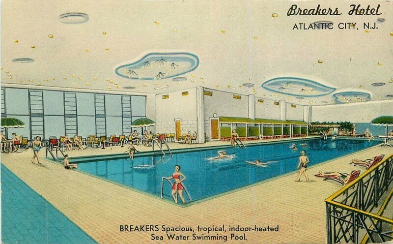 New Jersey Atlantic City Breakers Hotel 1950s Swimming Pool Postcard 22-457