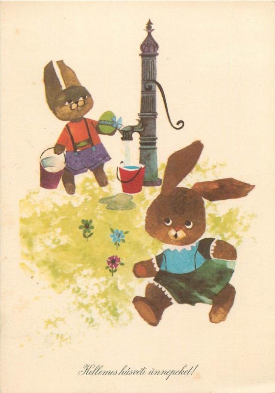 Hungary Easter rabbits caricatures water source 1970s postcard