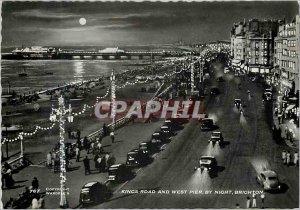 Postcard Modern Kings Road and Brighton West Pier by Night