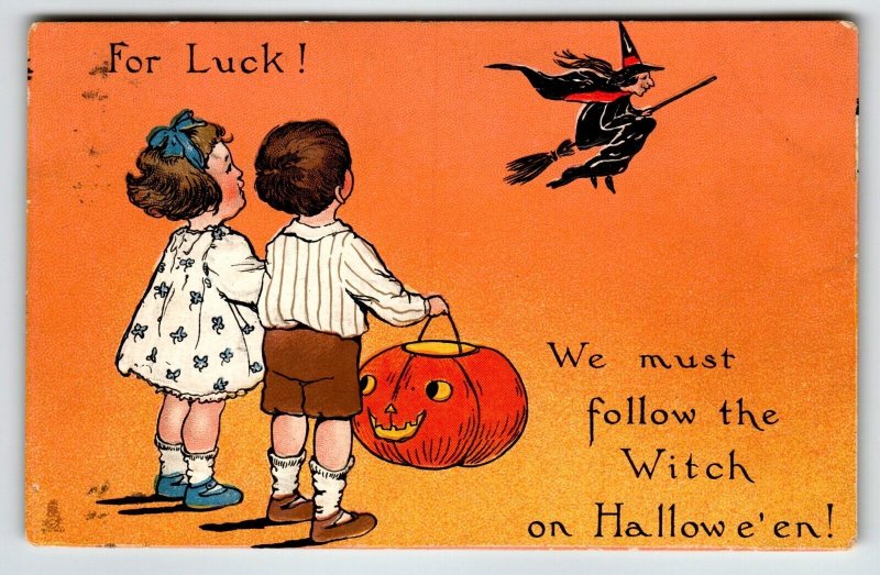 Halloween Postcard Tuck Fantasy Witch On Broom Children JOL Pumpkin 1912 Ser 188