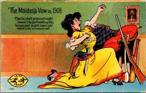 Comic Humor PC The Maiden's Vow in 1908 Leap Year Woman Guns Knives Love and War