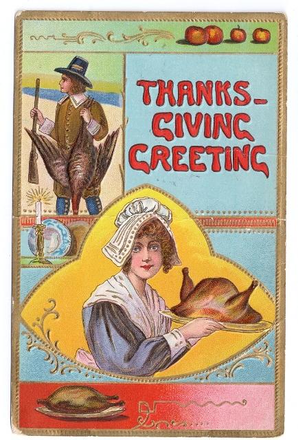 Pilgrim Hunter and woman with Turkey Embossed Vintage 1910 Thanksgiving Postcard