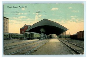 1912 Union Depot Peoria Illinois IL Train Station Posted Antique Postcard 