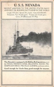 US Military Navy USS Nevada McKee Refrigerators Adv Vintage Postcard AA59770