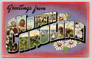 North Carolina~State Large Letter Linen Postcard~Cotton~Daisies~Watermelon~1940s 