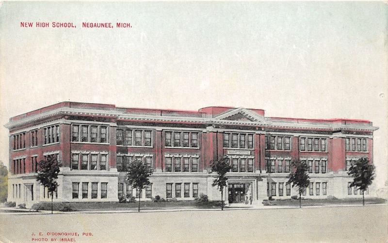 Negaunee Michigan~New High School Building~Couple @ Doorway~c1910 Postcard