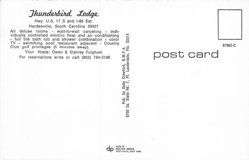 Hardeeville South Carolina~Thunderbird Lodge~Restaurant~1960s Cars Postcard