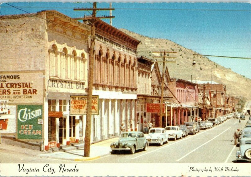 Aerial View Postcard C Street Crystal Bar Virginia City Nevada Old Cars