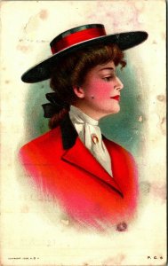 F Earl Christy Artist-Signed 1912 Glamour Woman Red Hunting Garb 1912 Postcard