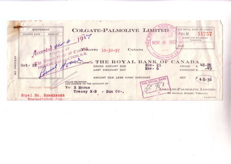 Colgate Palmolive Canada, Royal Bank Cheque 1957