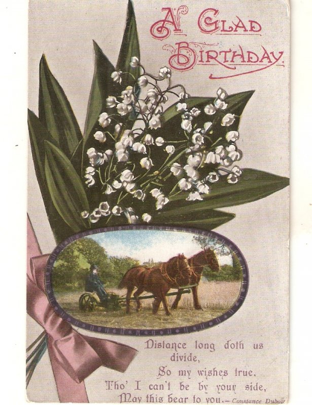 Flowers bouquet. Working horses Old vintage English Birthday Greetings PC