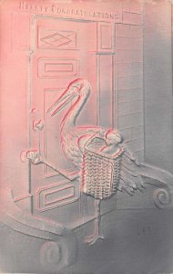 Greetings New Baby Congratulations Stork Embossed Airbrushed Postcard AA67304