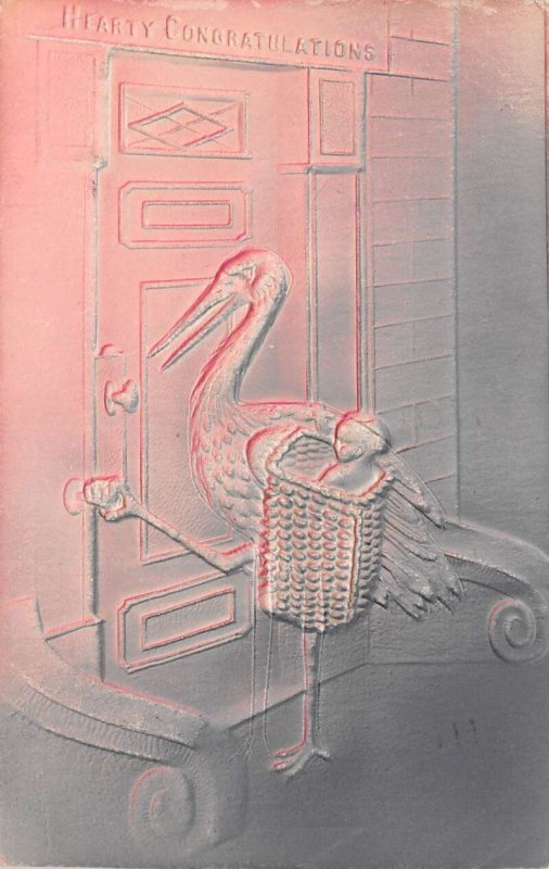 Greetings New Baby Congratulations Stork Embossed Airbrushed Postcard AA67304