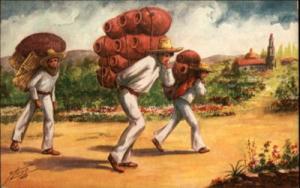 Mexico Men Carry Pottery on Back Artist Signed Postcard