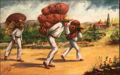 Mexico Men Carry Pottery on Back Artist Signed Postcard