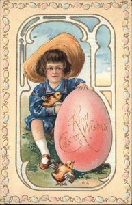 Easter Little Boy Giant Egg Baby Chicks Egg Border c1910 Vintage Postcard