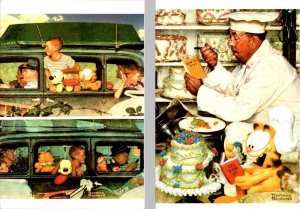 2~4X6 Postcards GARFIELD Visits NORMAN ROCKWELL  Kids In Cars & Diet~Eating Cake