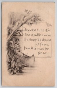 Woman In Rowboat Looking For Man Sketch Style Postcard T29