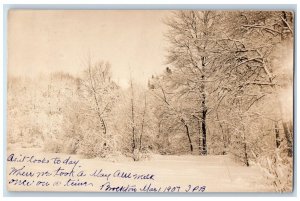 1907 Snow Winter Forest Residence View Brockton MA RPPC Photo Postcard 