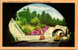 Vtg Linen Postcard Los Angeles California CA Figueroa Street Tunnels Cars Unused