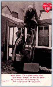 K50/ Leap Year 1908 Holiday Postcard Man Woman Love Ladder Roof 39