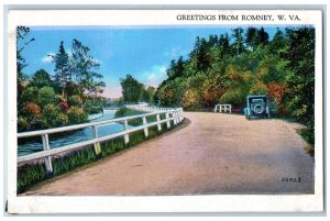 Romney West Virginia WV Postcard Greetings Curve Road Car Scene c1930's Vintage