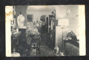 RPPC GREENFIELD INDIANA PUFF'S ANTIQUE STORE INTERIOR ADV. REAL PHOTO POSTCARD