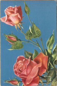 C,.Vives. Flowers. Roses Nice set of three (3) vintage Spanish artist signed P