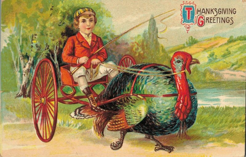 Victorian Boy With Turkey Carriage Thanksgiving Greetings  06.60