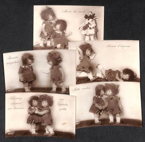 Set of 5 vintage postcards cute dolls puppets toys, Italy