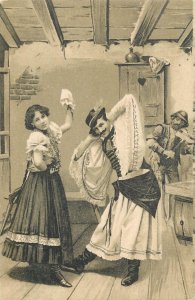 Hungarian folk types ethnic dancers 1900s chromo litho postcard