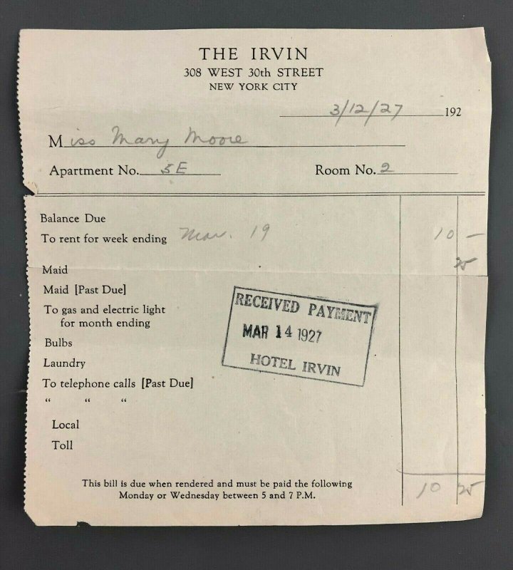 1927 The Irvin Hotel 308 West 30th New York City Weekly Room Rental Receipt 