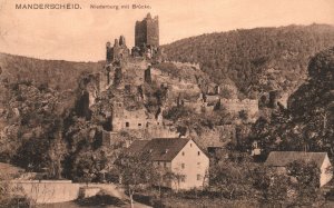 Vintage Postcard Manderscheid Niederburg Mit Brucke Castle Manderscheid Germany