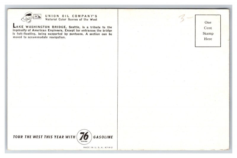 Lake Washington Floating Bridge Seattle WA UNP Union 76 Chrome Postcard R9