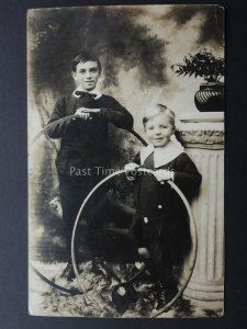 Children's Studio Portrait TWO LITTLE BOYS WITH HULA HOOPS c1905 RP Postcard